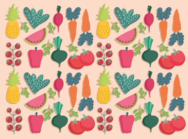 Alimentos sem costura padrão vegetais frescos e frutas nutrição — Vetor de Stock
