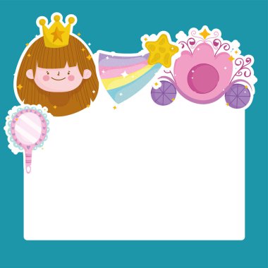 Prenses masalı, yıldız arabası ve ayna karikatür şablonu.