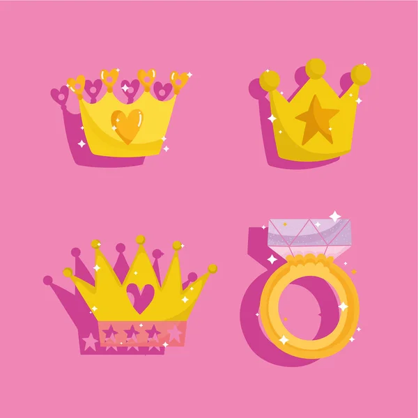 Prinses verhaal set pictogrammen kronen en ring met edelsteen cartoon — Stockvector