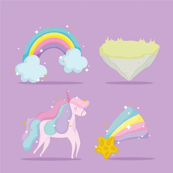 Conto de princesa unicórnio arco-íris estrela decoração ícones desenho animado — Vetor de Stock