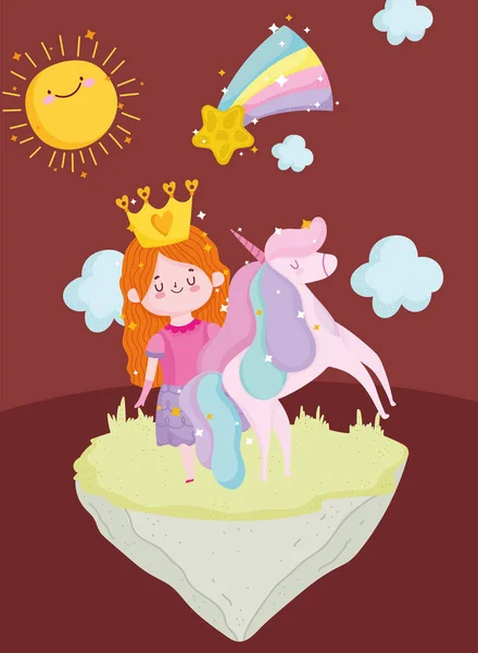 Cuento de princesa con la corona unicornio estrella y el sol de dibujos animados — Vector de stock