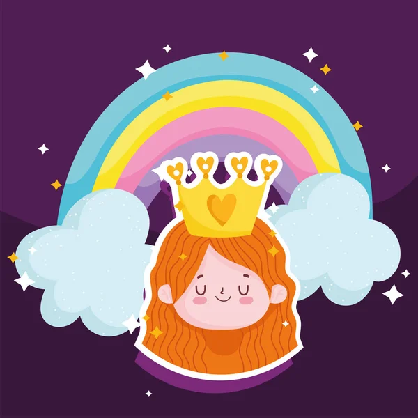 Princesa cuento de dibujos animados pegatina cara chica con corona y arco iris — Vector de stock