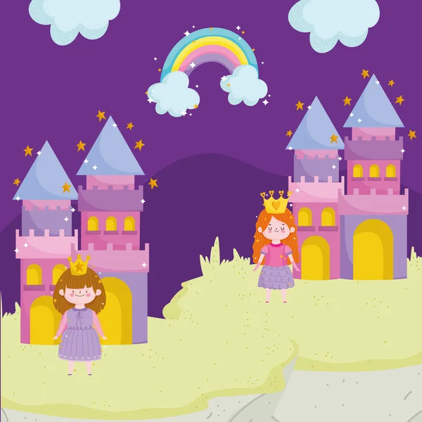 Prinzessin Märchen Cartoon Prinzessinnen Charakter Schlösser Regenbogen — Stockvektor