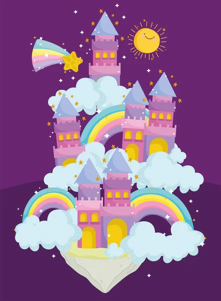 Cuento de princesa de dibujos animados castillos con arco iris nubes fantasía — Vector de stock