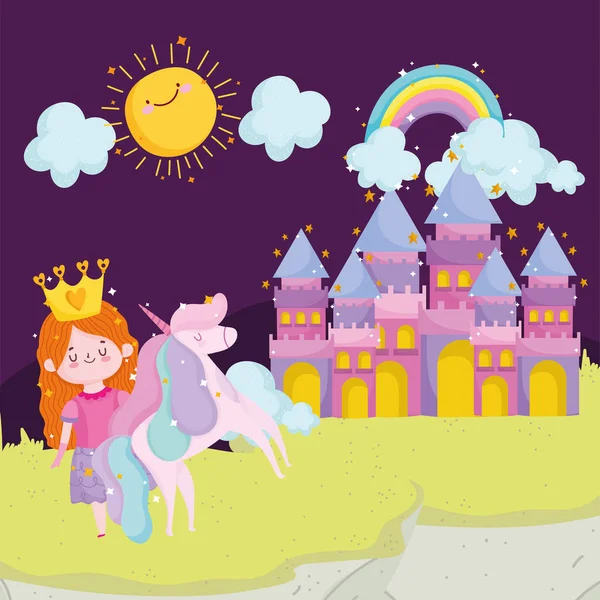 Principessa racconto unicorno castello arcobaleno sole nuvole cielo cartone animato — Vettoriale Stock