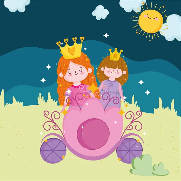 Cuento de princesas con corona en carruaje de dibujos animados — Vector de stock