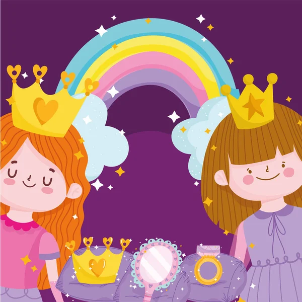 Dibujos animados de cuento de princesas con corona espejo arco iris y anillo — Vector de stock