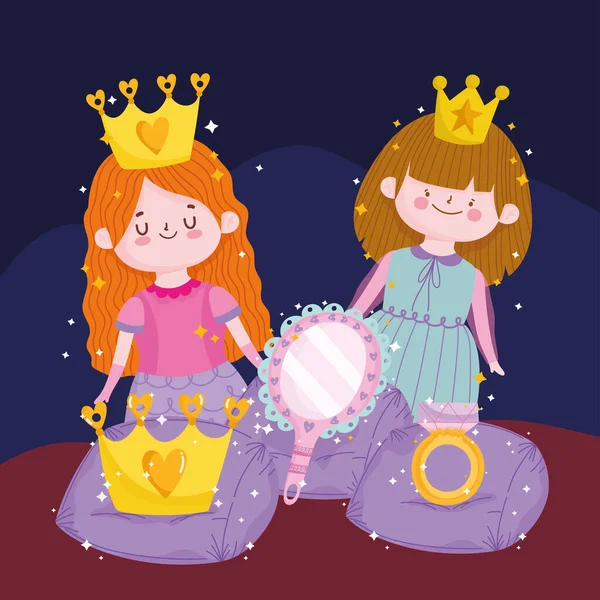 Prinzessinnen mit Krone Spiegel Ring Magie Märchen Cartoon — Stockvektor