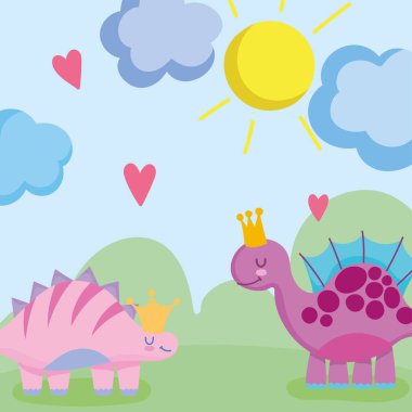 Şirin dinazorlar doğa güneş çimen bulutları manzara