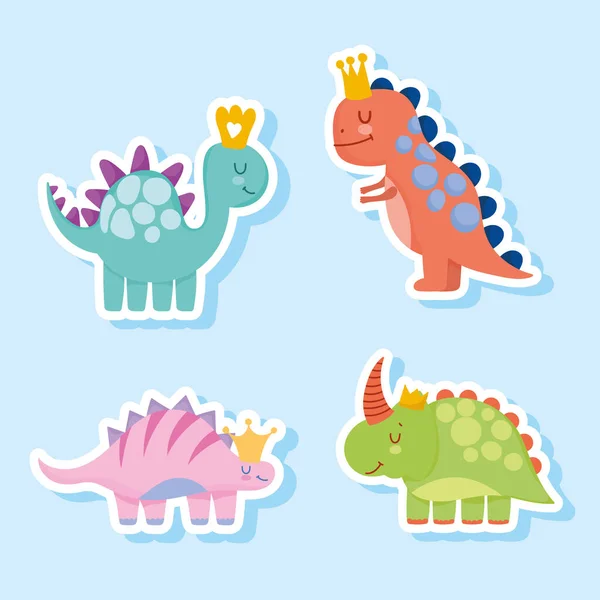 Dinossauros bonitos desenhos animados animais pré-históricos em estilo adesivo —  Vetores de Stock