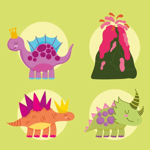 Bonito dinos animais extintos e vulcão desenhos animados ícones — Vetor de Stock