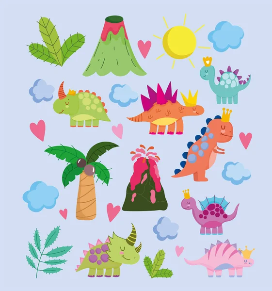 Cute dinos volcano palm sun clouds nature cartoon icons — Stock Vector