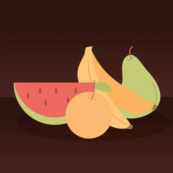 Wassermelonen-Orangen-Bananen und Birnen-Frucht-Vektordesign — Stockvektor