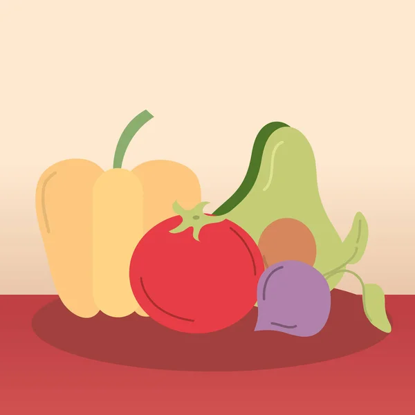 Ředkvička pepř rajče a avokádo zeleninové vektory design — Stockový vektor