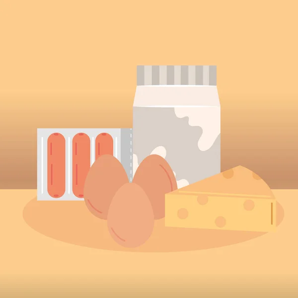 아침 치즈 달걀 소시지와 우유 박스 벡터 디자인 — 스톡 벡터