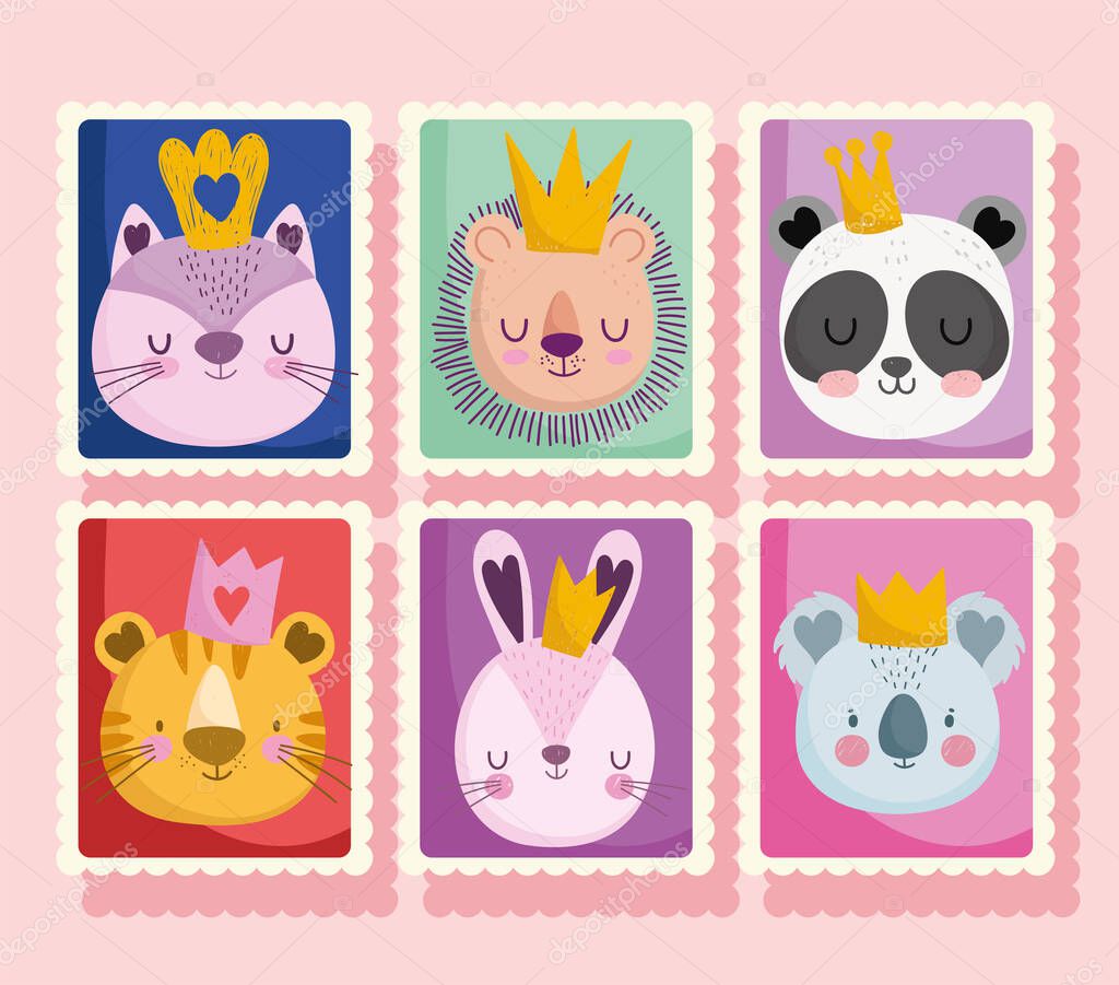cute cat lion panda rabbit tiger with crowns animals, cartoon post stamp collection