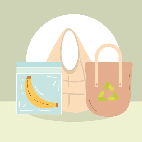 Reciclar sacos de compras e banana em design de vetores de plástico — Vetor de Stock
