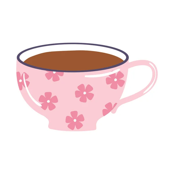 Té y café taza de color rosa con lindo icono de flores sobre fondo blanco — Archivo Imágenes Vectoriales