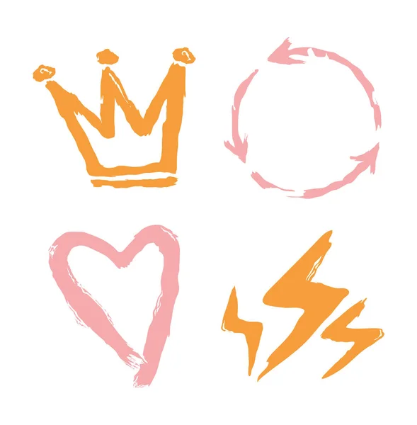 Sketch and doodle color crown arrows heart and set, isolated style — Stock Vector