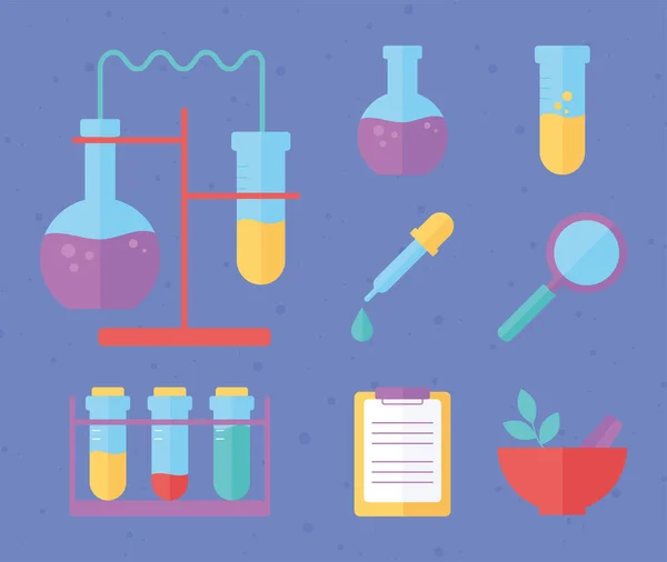 Química ciência educação laboratório amostra ícones, estilo plano —  Vetores de Stock