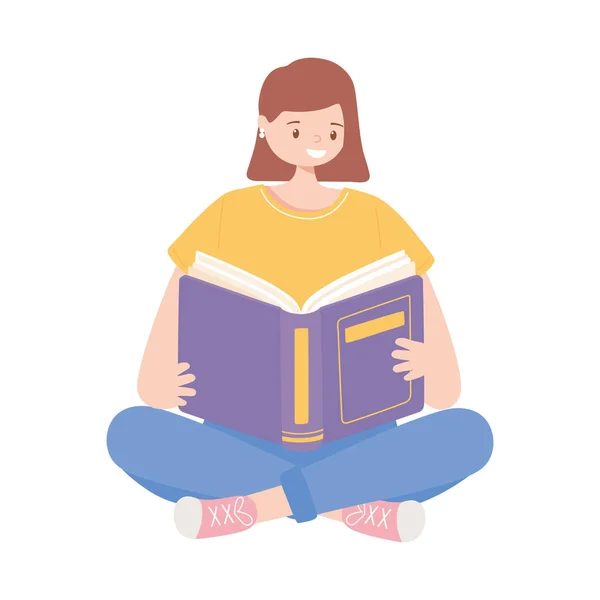 Fille assise avec lecture de livre et étude de l'éducation — Image vectorielle
