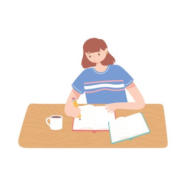 Kitapları ve kahve fincanı okuyan ve eğitim gören bir kız.