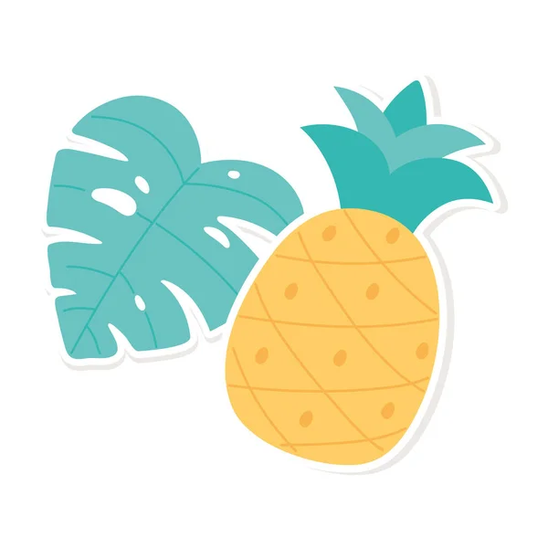 Decoración de la hoja de palma y piña tropical estilo de dibujos animados pegatina fondo blanco — Vector de stock