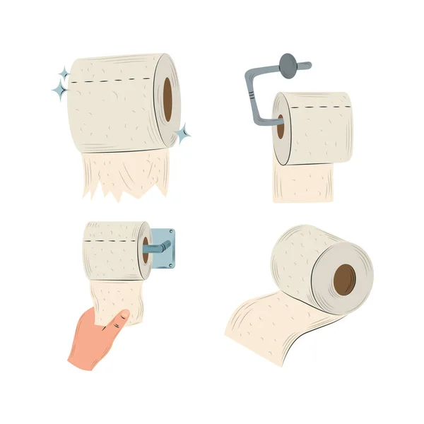 Satz Toilettenpapierrollen und Hand mit Papier isoliert Design — Stockvektor