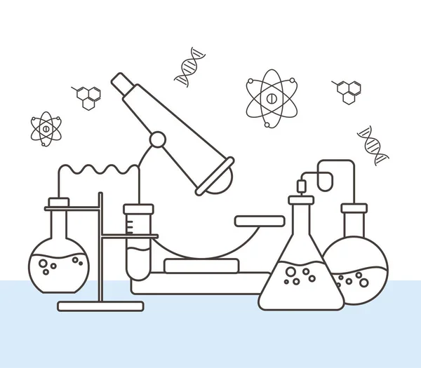 Química ciencia laboratorio experimento frascos microscopio, estilo de línea — Vector de stock