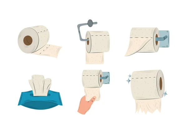 Rolos de papel higiênico pendurado, caixa de tecido e mão com coleção de papel —  Vetores de Stock