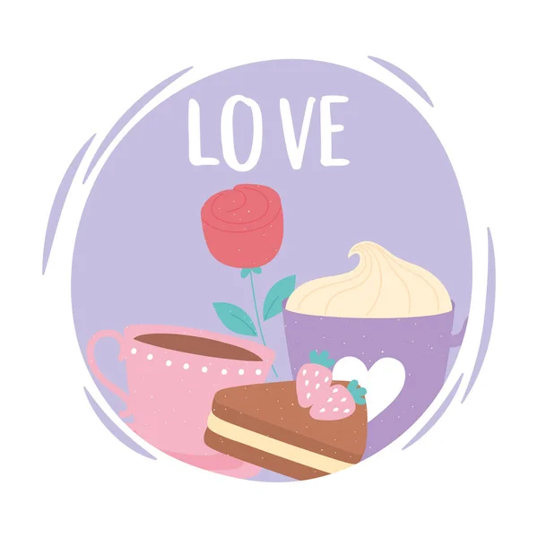 Tazas de café pastel y amor de flores y romance en estilo de dibujos animados — Vector de stock