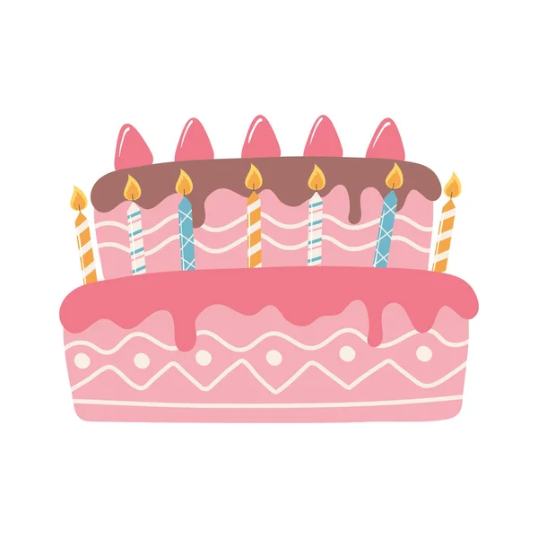 Felice compleanno dolce torta con candele festa cartone animato — Vettoriale Stock