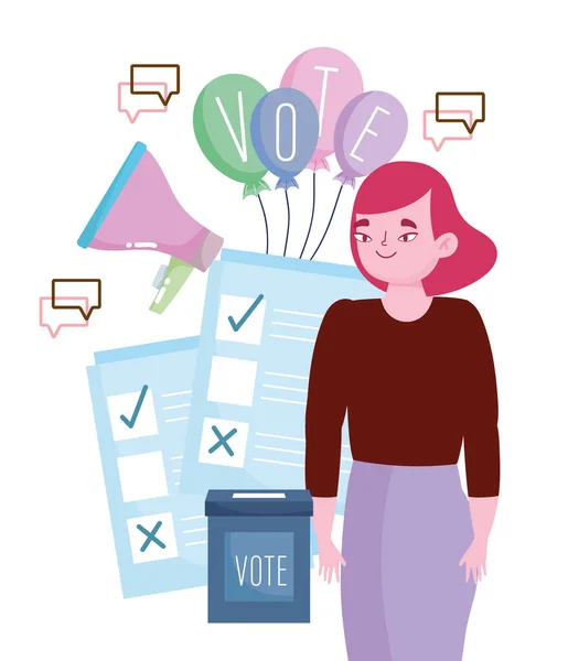 Jeune femme avec urne bulletin de vote en papier et élection publicitaire — Image vectorielle