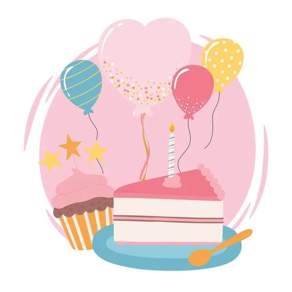 Mutlu yıllar kek keki balonları kutlama karikatürü — Stok Vektör