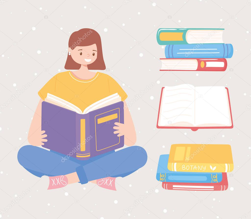 girl sitting with many books reading and studying education
