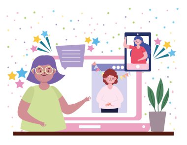 Sanal doğum günü partisi, arkadaşlarla tanışma, kızlar eğleniyor.