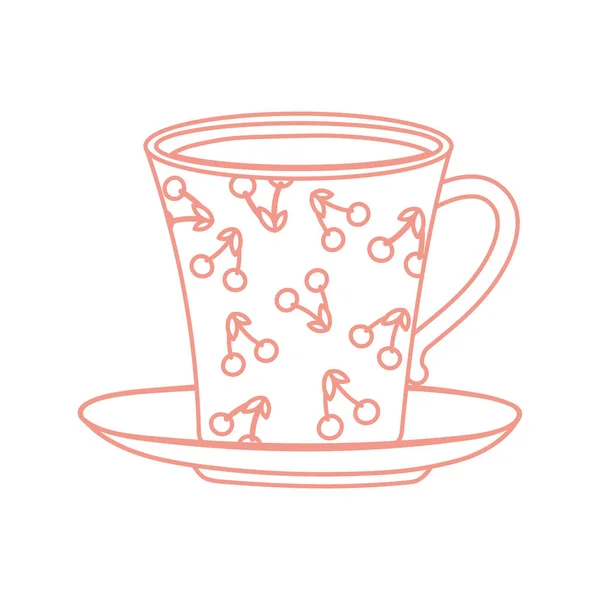 Cangkir teh dan kopi dengan ceri dicat gaya ikon - Stok Vektor