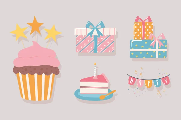 Щасливий день народження торт подарунки вимпели святкування вечірка мультфільм іконки набір — стоковий вектор