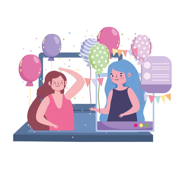 Festa virtual, celebração de aniversário de mulheres jovens por laptop — Vetor de Stock
