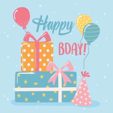 Mutlu yıllar şapkalar ve balonlar kutlama partisi çizgi filmi