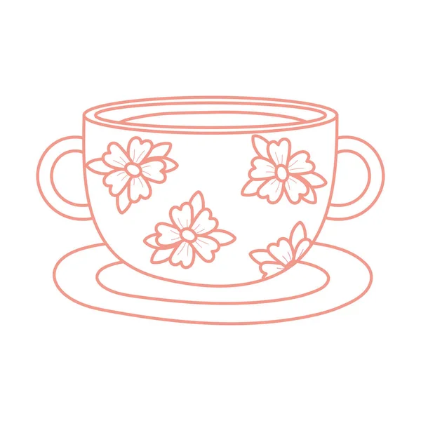 Xícara de chá e café com flores delicadas ícone linha estilo — Vetor de Stock