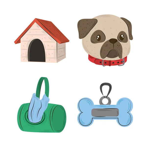 Háziállat ikon készlet, ház csont gallér kutya és táskák lapos stílus — Stock Vector