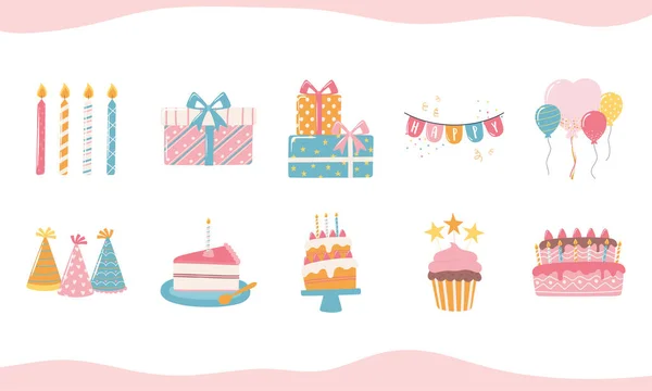 快乐的生日蛋糕帽子蜡烛礼品盒和气球庆祝派对卡通人物 — 图库矢量图片