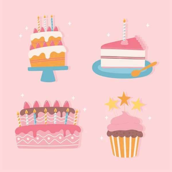 Happy birthday, sweet cake cupcake celebration party cartoon icons set — Stock Vector