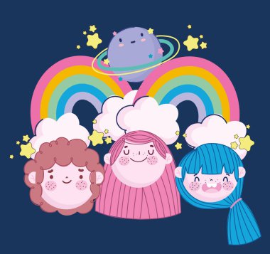 Çizgi film kızı oğlan gökkuşağı gezegeniyle yüzleşir.