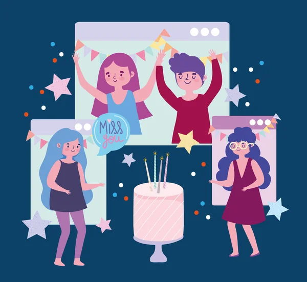 Festa virtual, pessoas aniversário celebração site conexão — Vetor de Stock
