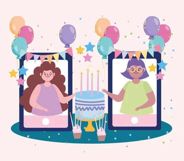 Festa virtual, meninas comemorando aniversário, reunião com amigos — Vetor de Stock