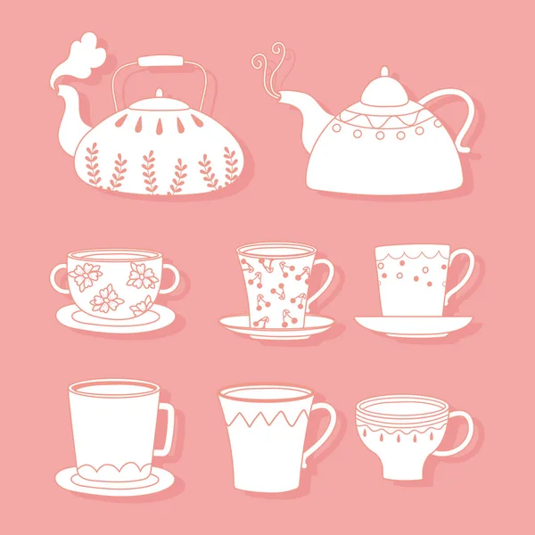 Théières thé et café, tasses, bouilloires différentes, style ligne — Image vectorielle