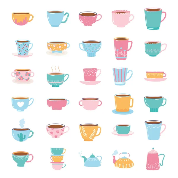 Te och kaffe söta trendiga porslin med dekoration, vattenkokare och koppar för dryck — Stock vektor