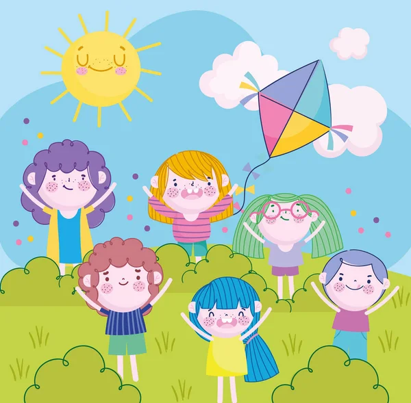 Vrolijk kleine meisjes en jongens met vlieger in het park cartoon, Kinderen — Stockvector